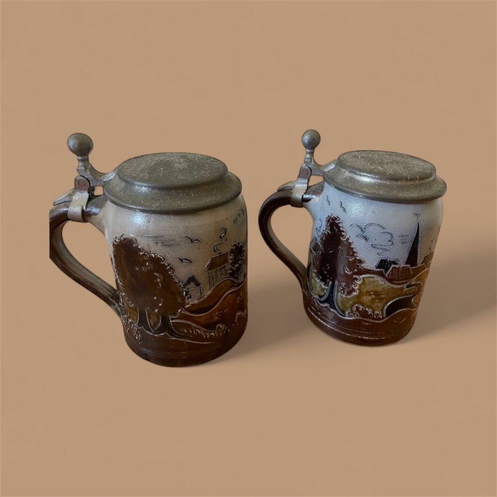 Vintage German Beer Steins / Mugs with Pewter Lids - Handarbeit B.E. - Set of 2